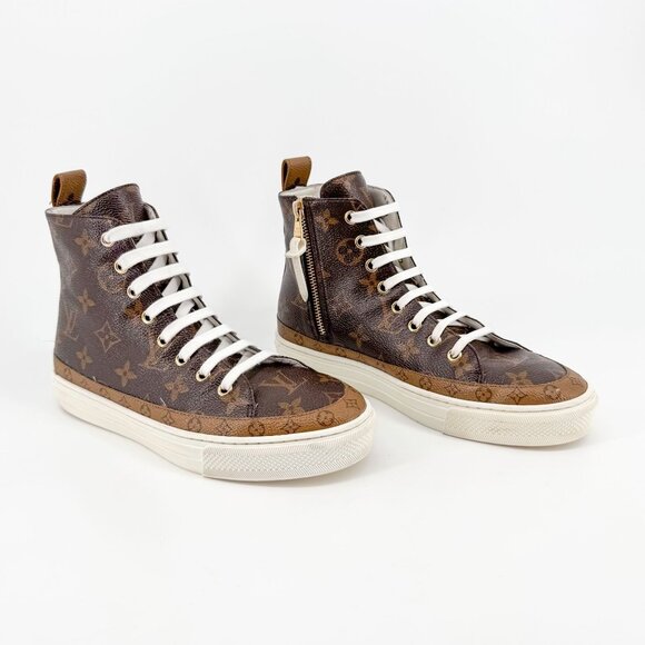 Louis Vuitton Stellar High Top Sneaker Boots Size 36.5 US 6.5 Brown LV Monogram - Picture 1 of 15